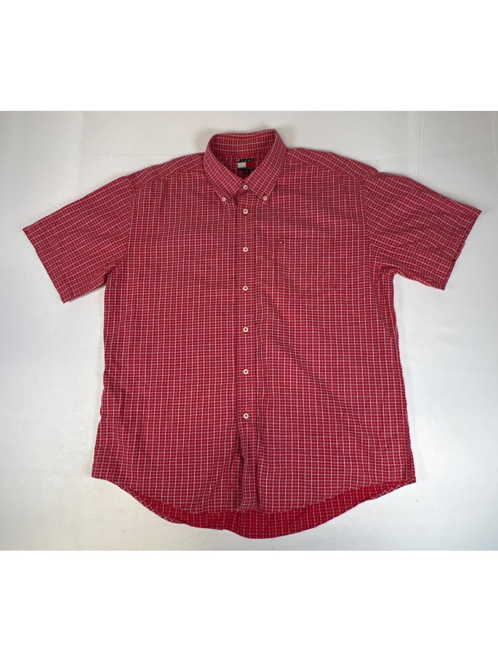 VTG Tommy Hilfiger Men XL Short Sleeve Button Down Shirt Red Plaid Cotton Check